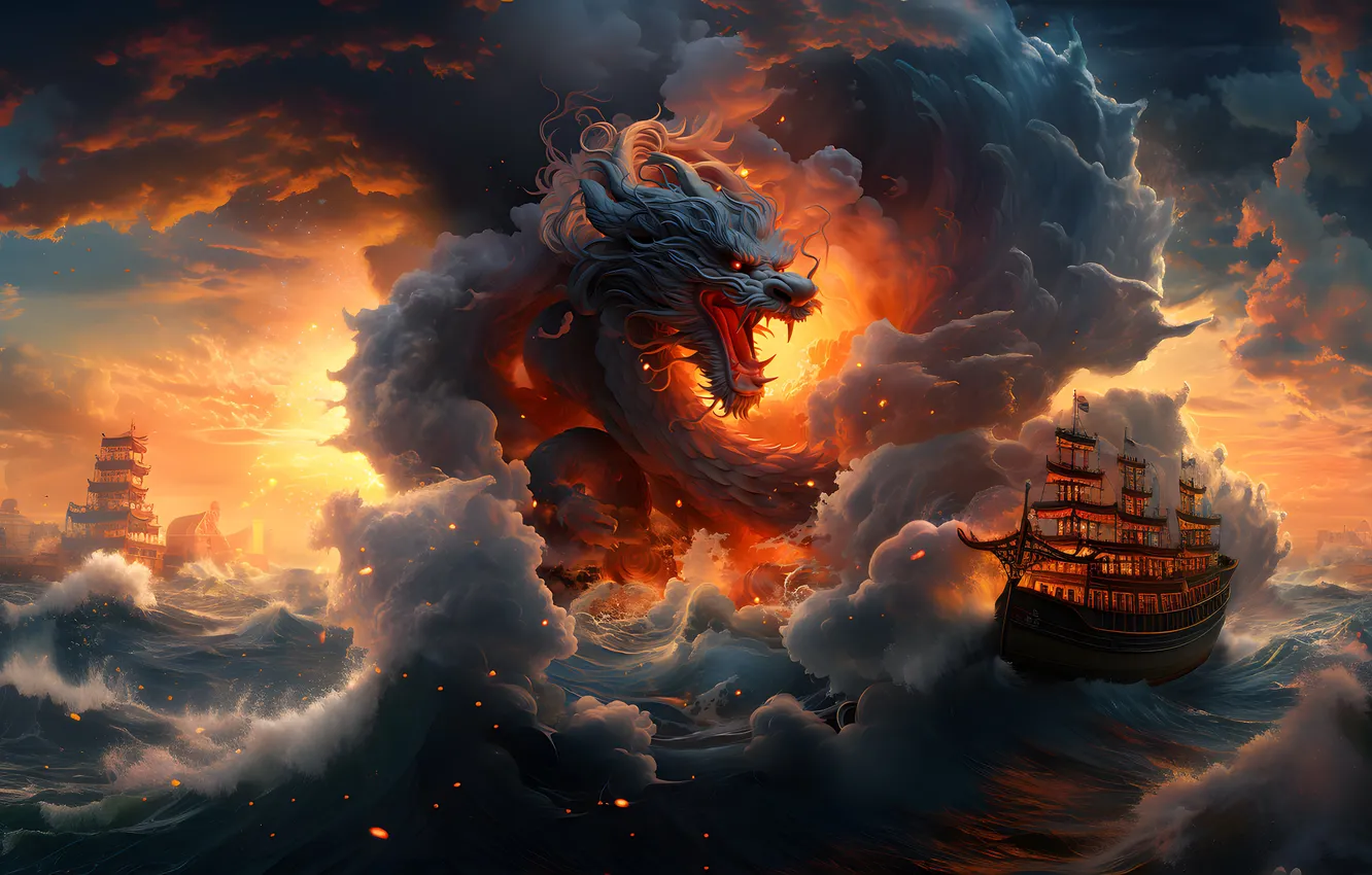 Photo wallpaper sea, fire, dragon, ship, fantasy, AI art, neural network