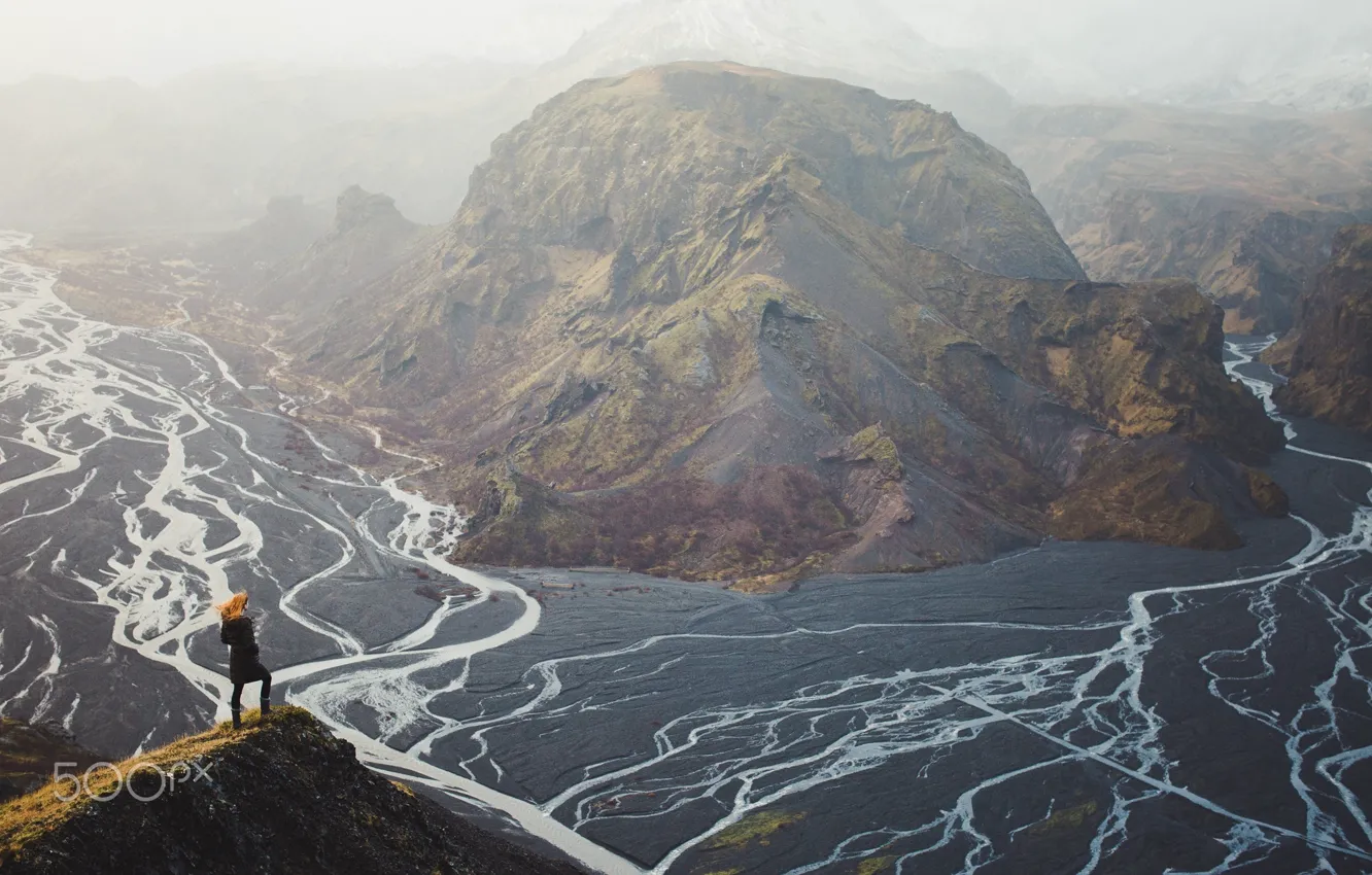 Photo wallpaper girl, mountains, view, Iceland