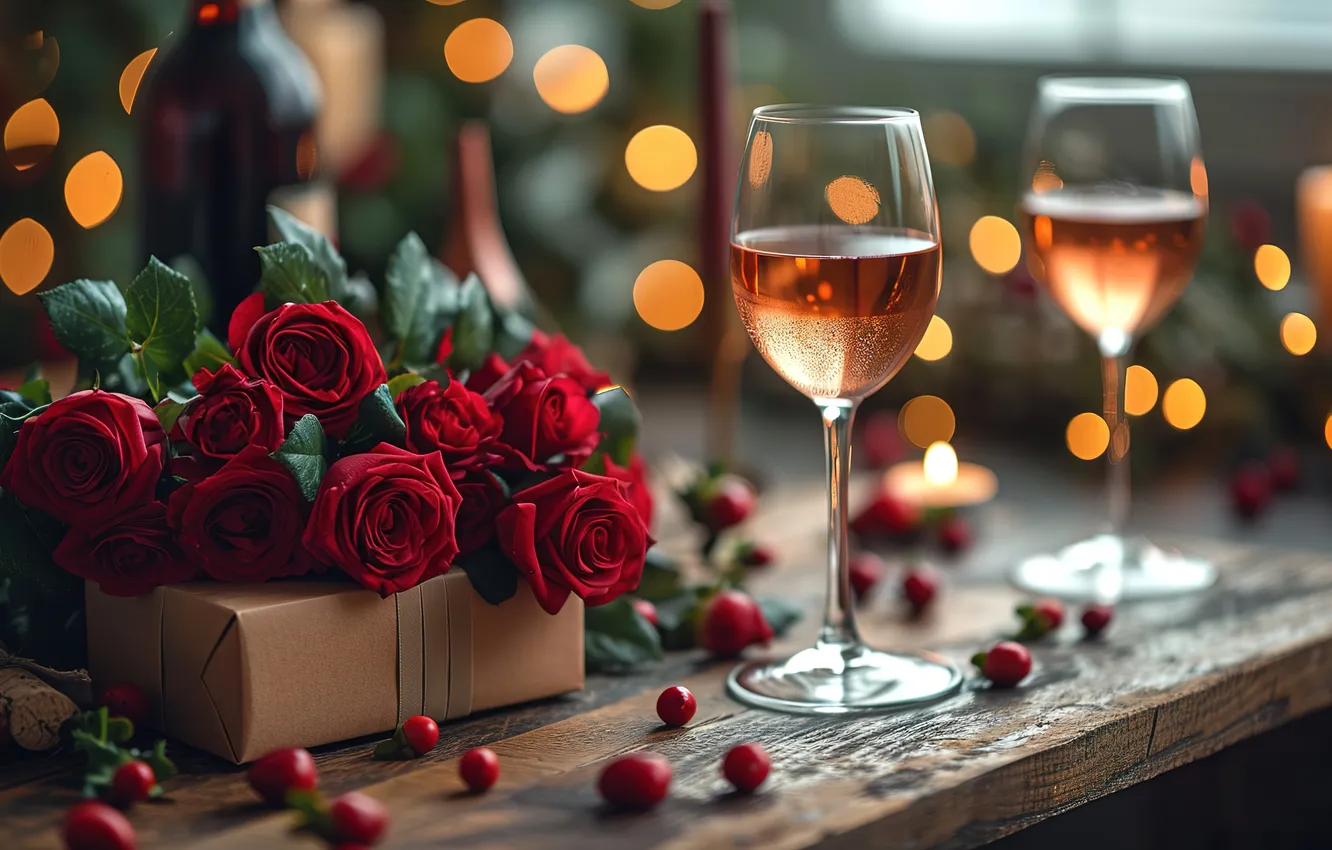 Photo wallpaper love, flowers, gift, romance, glass, roses, love, champagne