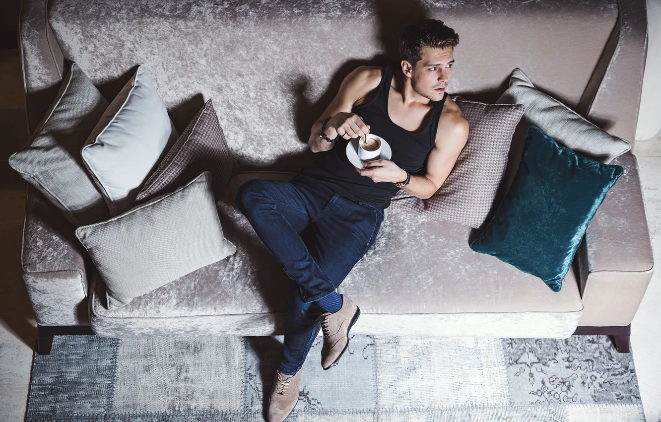 Photo wallpaper pose, sofa, coffee, male, beautiful, Milos Bikovich