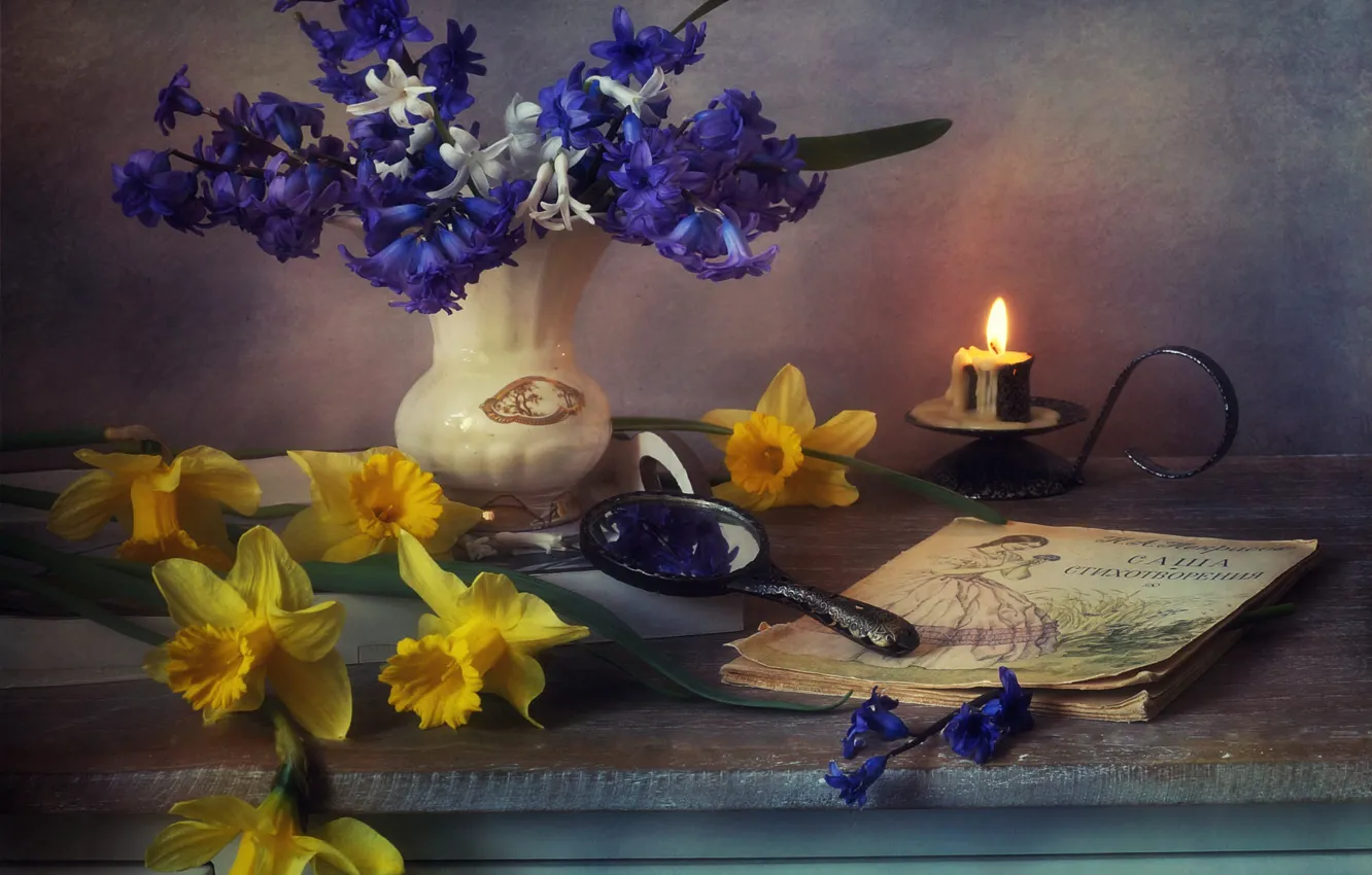 Photo wallpaper flowers, yellow, table, bouquet, spring, candles, book, vase