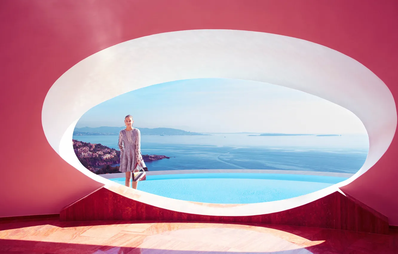 Photo wallpaper sea, the sun, landscape, coast, dress, bag, photoshoot, InStyle