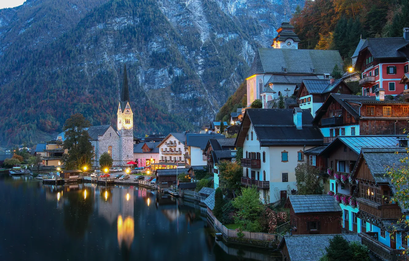 Photo wallpaper mountains, lake, home, Austria, Alps, Hallstatt