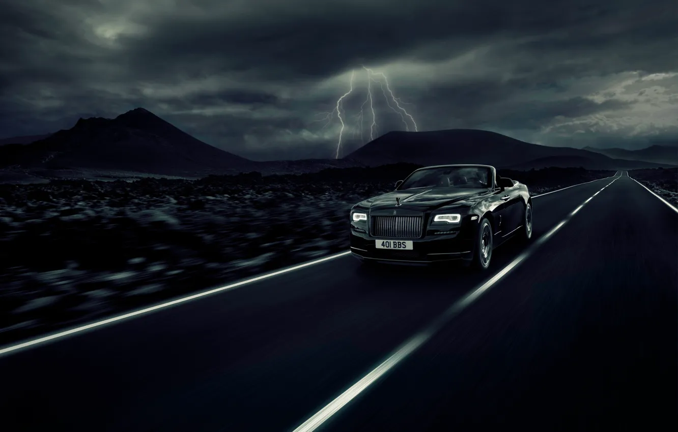 Photo wallpaper car, Rolls Royce, asphalt, fast, Rolls Royce Dawn Black Badge