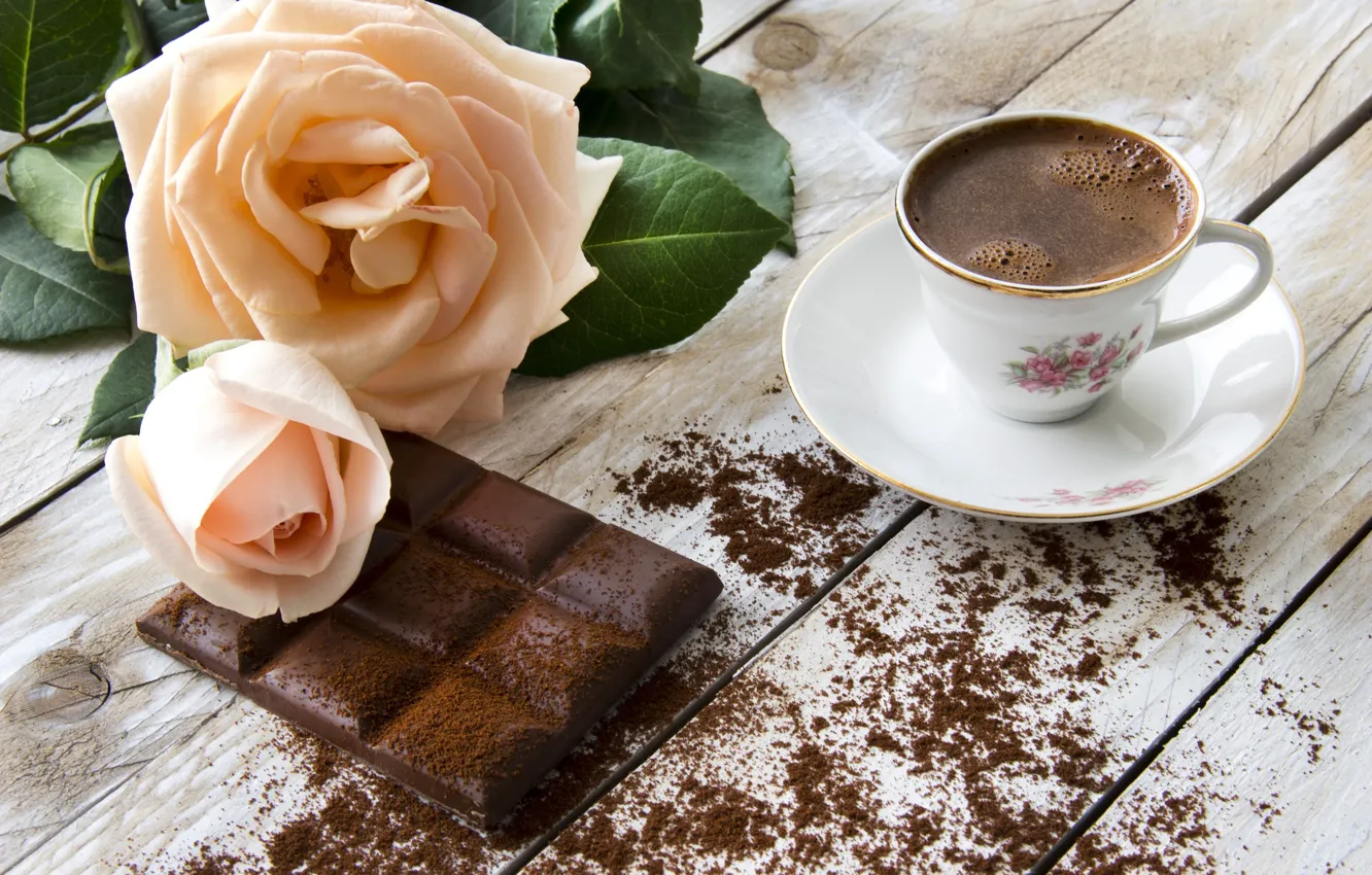 Photo wallpaper flowers, coffee, chocolate, roses