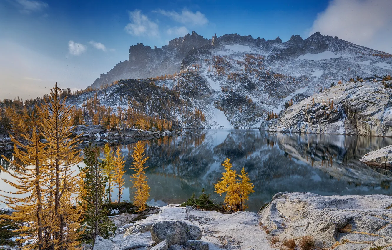 Photo wallpaper winter, autumn, forest, the sky, clouds, snow, trees, mountains