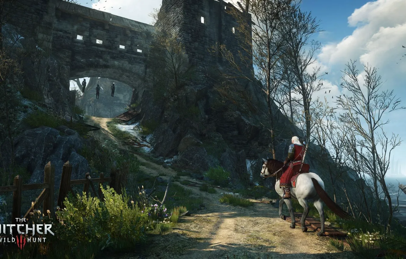 Photo wallpaper the sky, trees, horse, the game, fortress, game, the Witcher, Geralt
