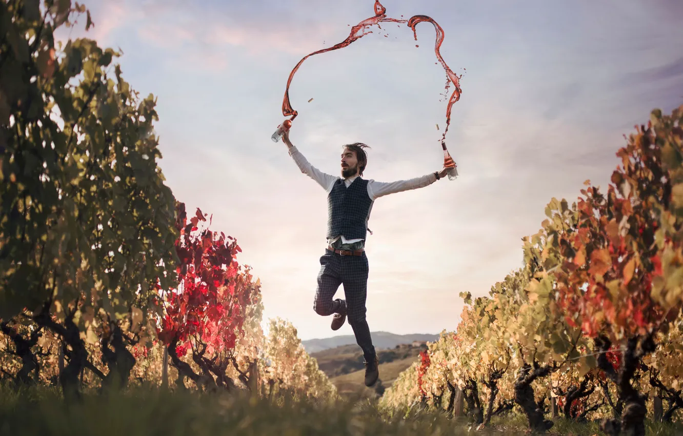 Photo wallpaper jump, bottle, liquid, guy, Vincent Bourilhon, jumping rope