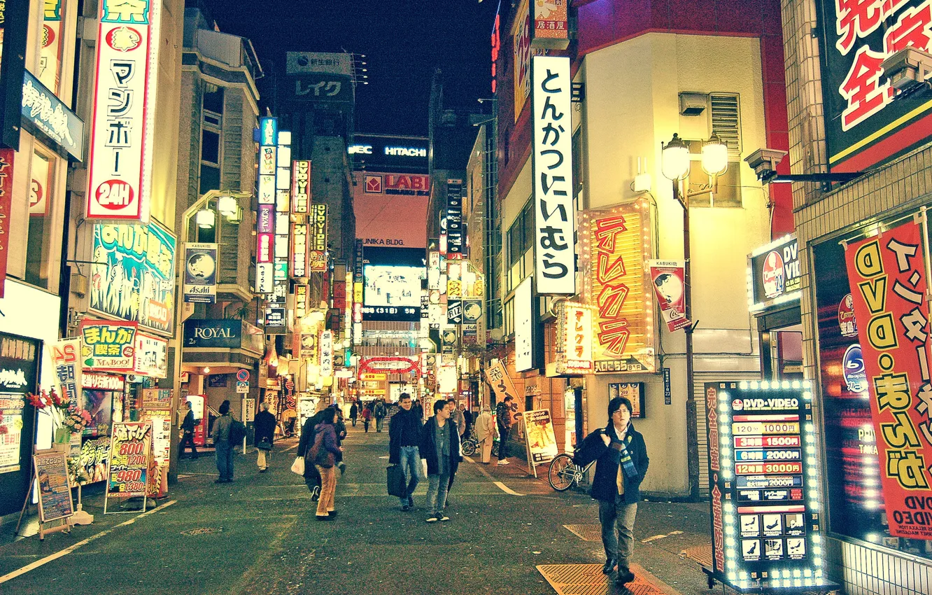 Photo wallpaper people, street, neon, Japan, Tokyo, stores, life, restaurants