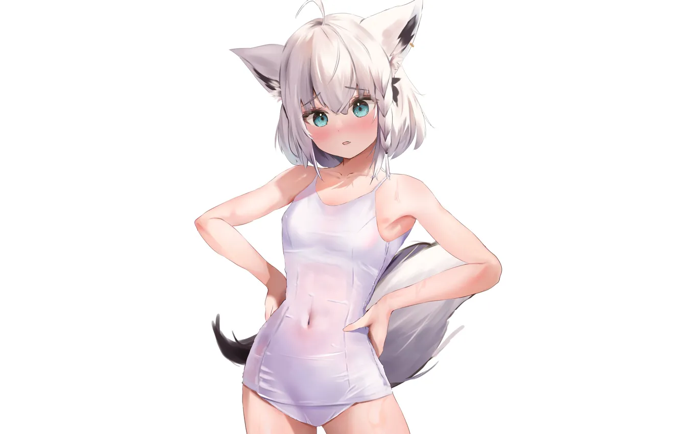 Photo wallpaper girl, white, anime, swimsuit, babe, cute, standing, Petite