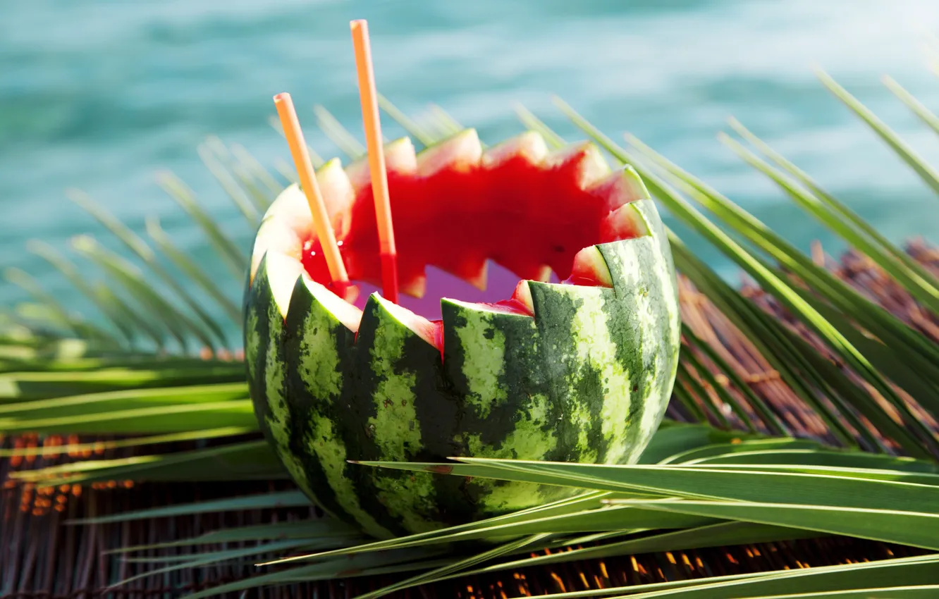 Photo wallpaper leaves, watermelon, cocktail, Cup