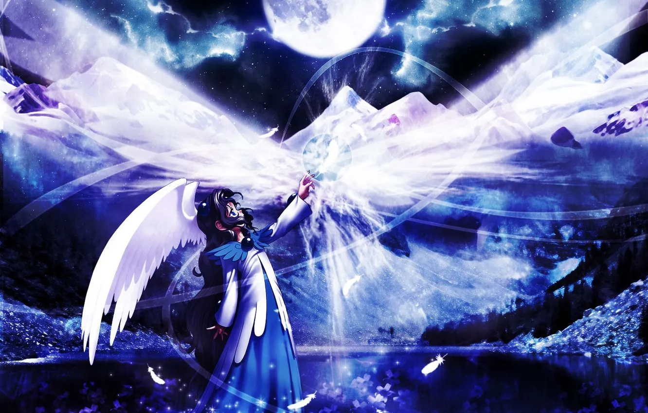 Photo wallpaper water, girl, stars, flowers, mountains, night, balls, wings