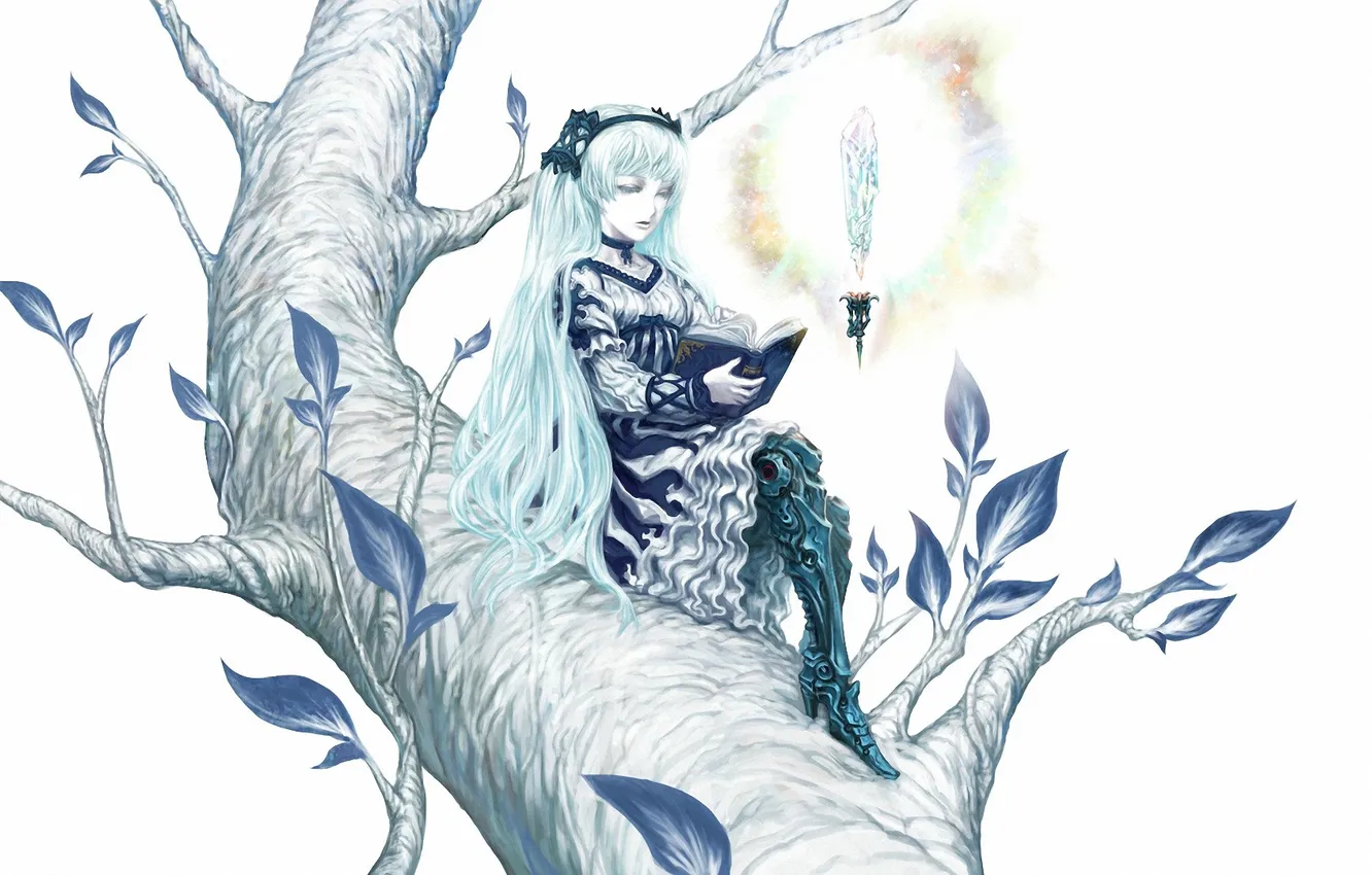 Photo wallpaper crystal, girl, tree, art, book, vocaloid, hatsune miku, sitting