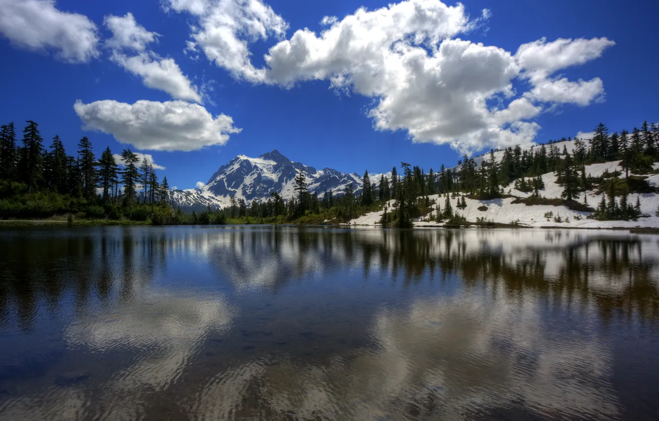 Photo wallpaper the sky, clouds, mountains, lake