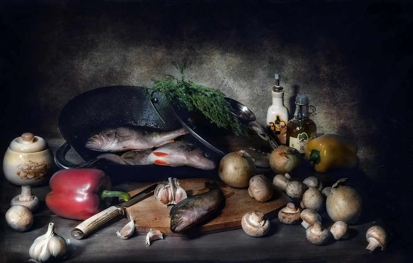 Photo wallpaper mushrooms, food, fish, bow