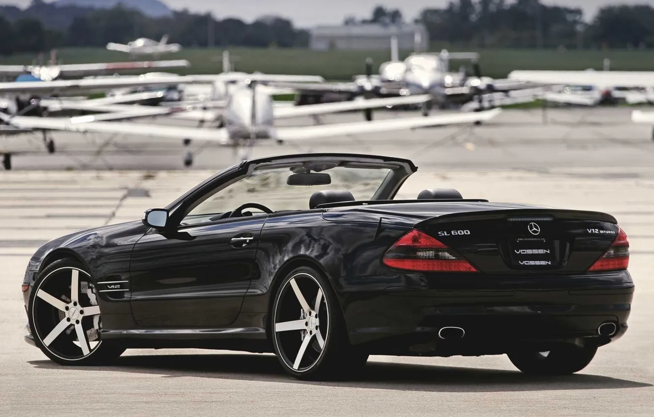 Photo wallpaper black, tuning, Mercedes-Benz, Mercedes, convertible, the airfield, rear view, tuning