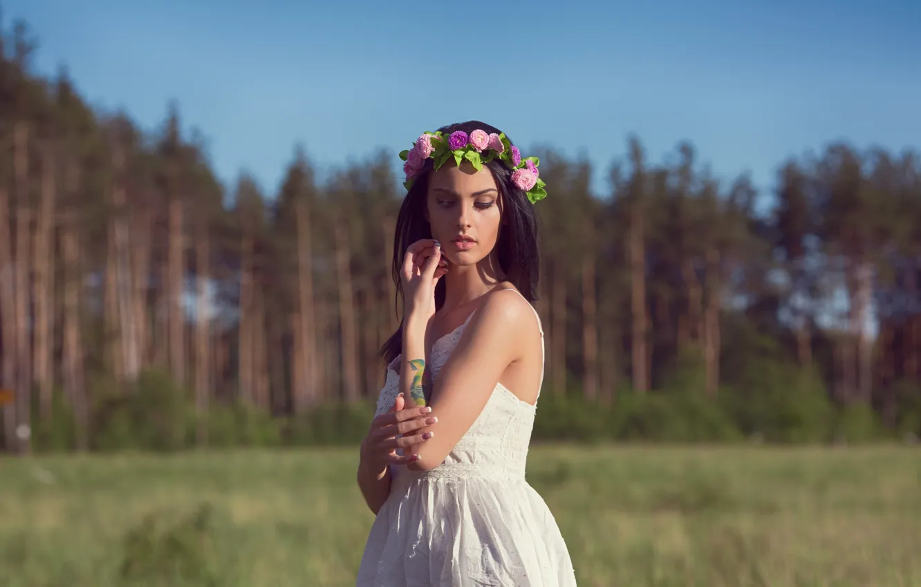 Photo wallpaper field, forest, girl, trees, nature, model, portrait, dress