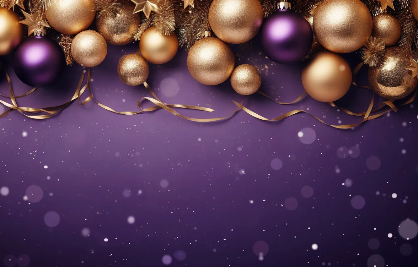 Photo wallpaper purple, decoration, background, balls, new year, Christmas, golden, Christmas
