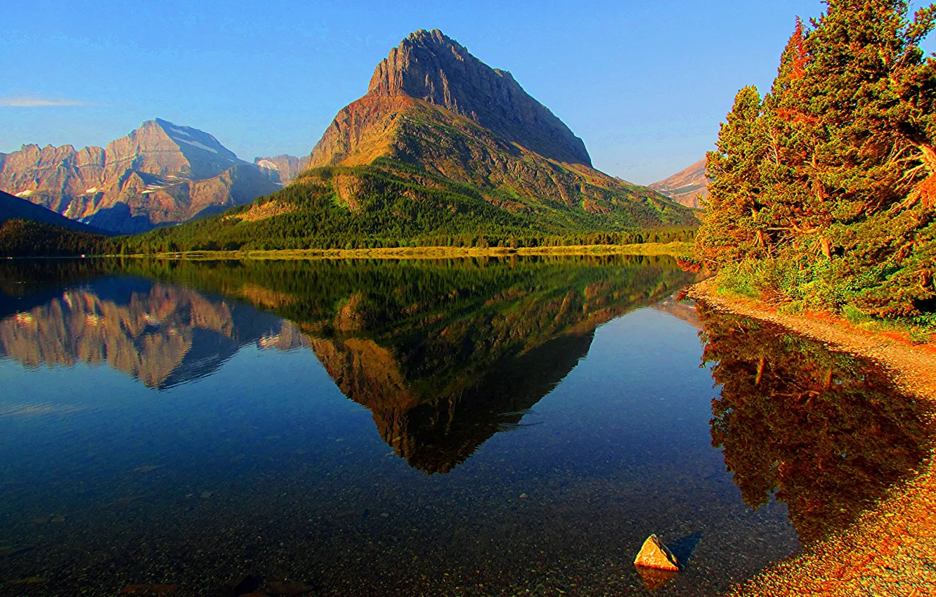 Photo wallpaper autumn, forest, the sky, mountains, lake, Montana, USA, glacier national park