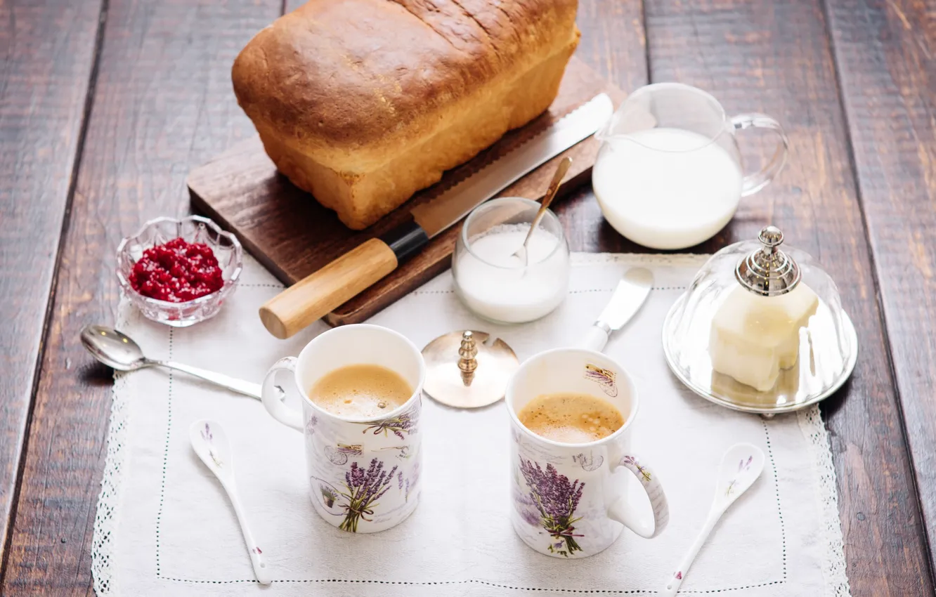Photo wallpaper coffee, bread, Cup, jam