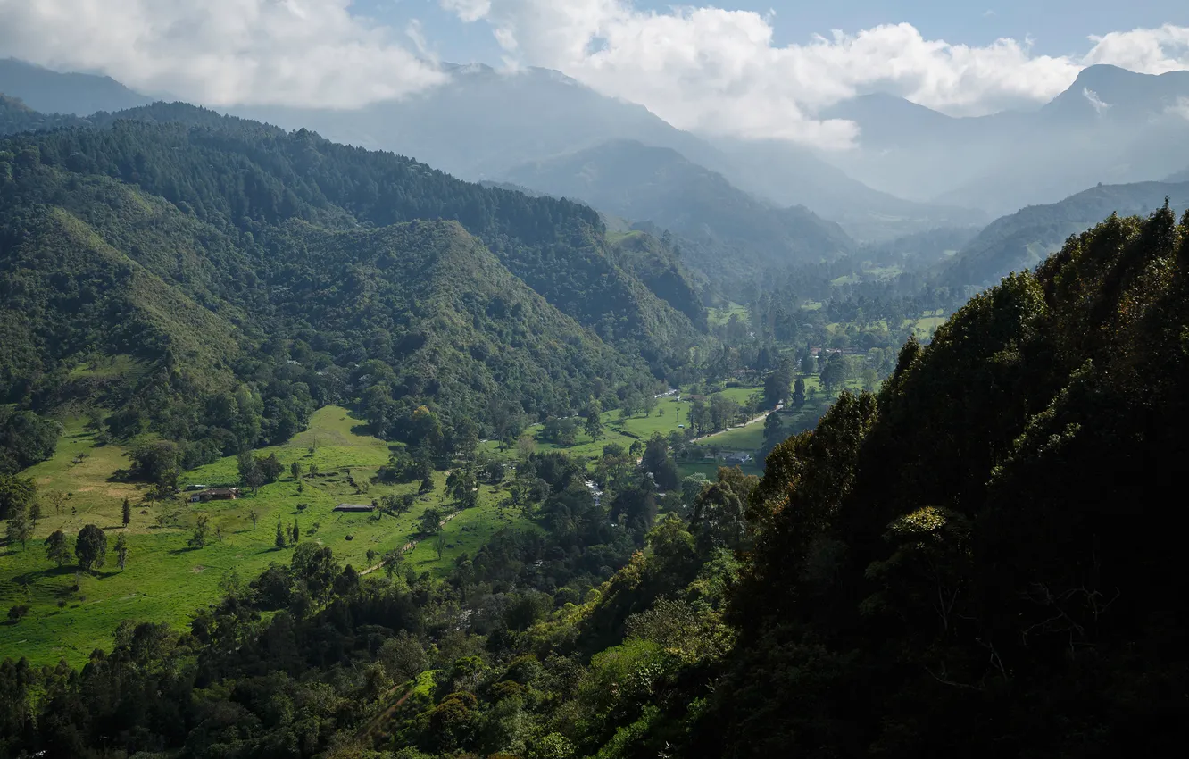 Photo wallpaper clouds, landscape, mountains, valley, parks, Colombia, Cocora