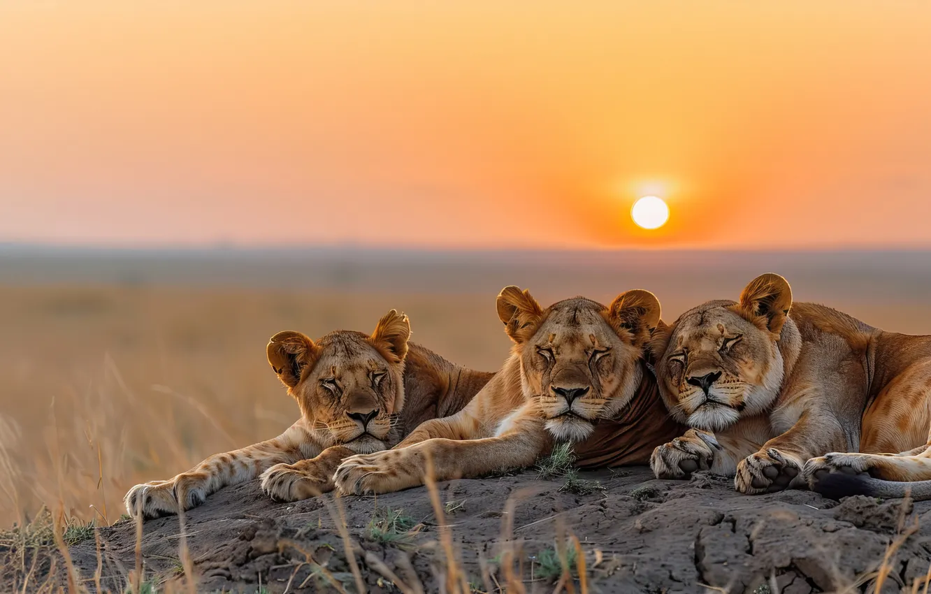 Photo wallpaper Dawn, Three, Digital art, Lioness, Big Cats, AI art, The Art of Artificial Intelligence, Neural …