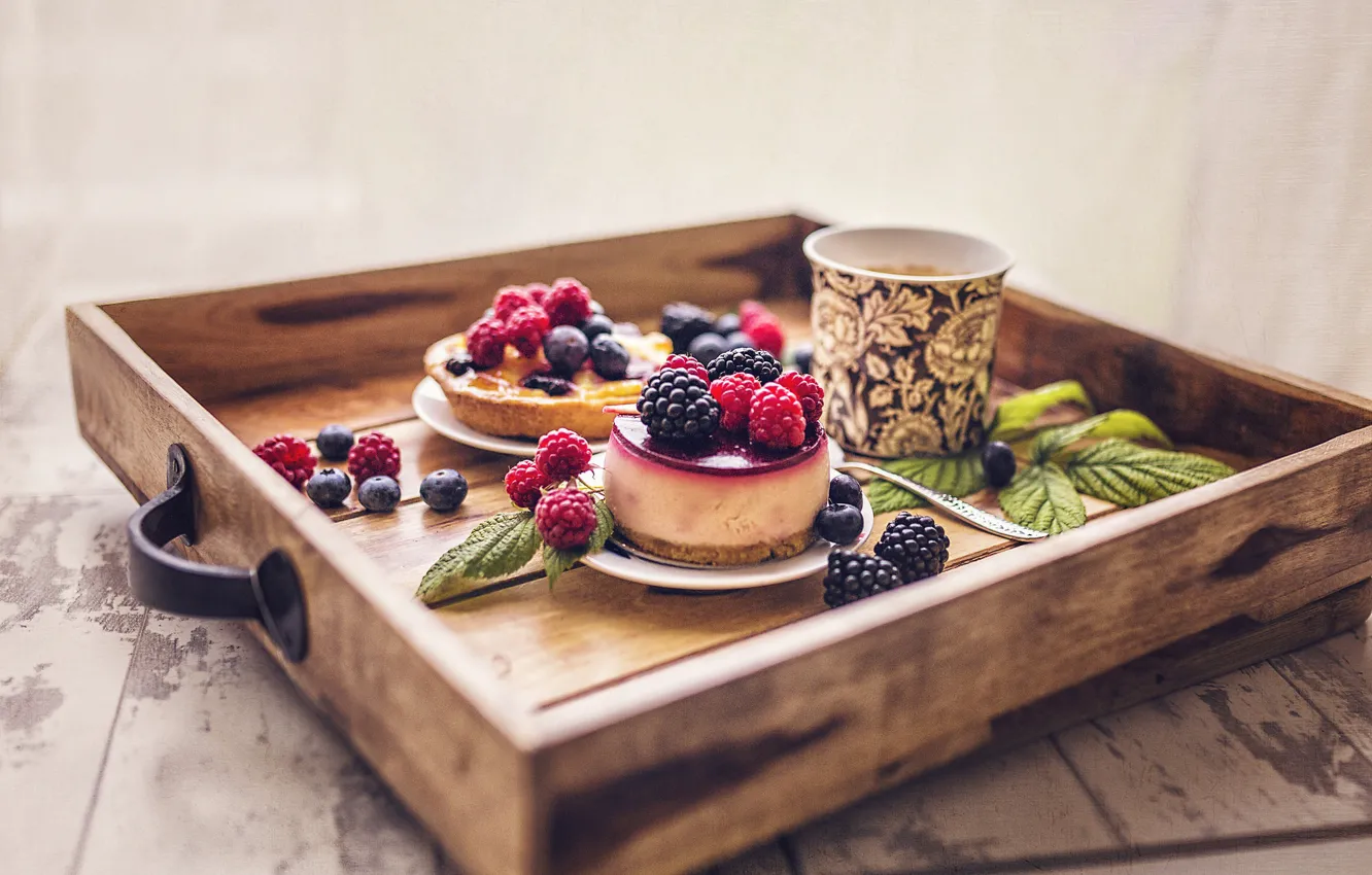 Photo wallpaper berries, coffee, mug, cake, tray