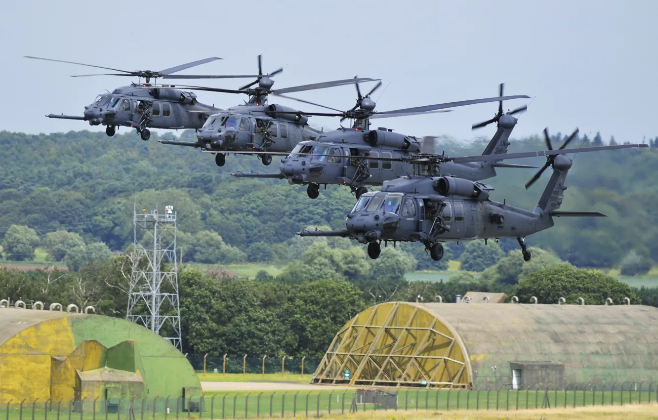Photo wallpaper helicopters, the airfield, the rise, England, hangars, LAKENHEATH, ROYAL AIR FORCE, HH-60G Pave Hawks