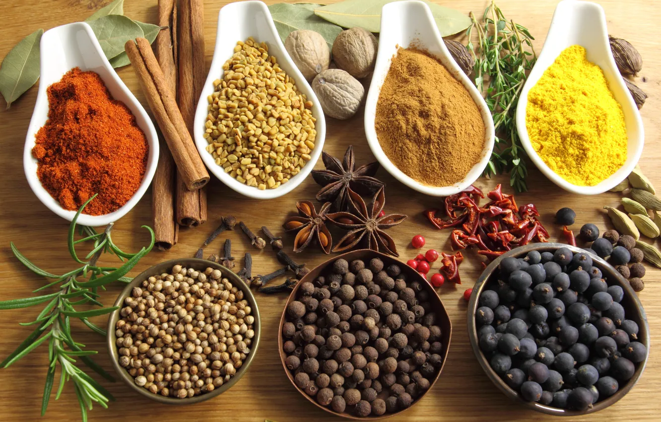 Photo wallpaper greens, table, cinnamon, spices, star anise, black pepper, red pepper, bowls