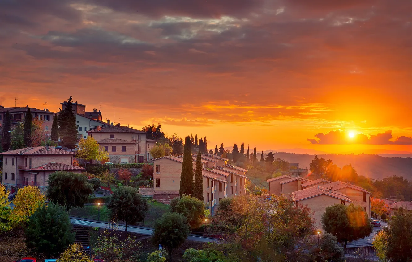 Photo wallpaper sunset, home, slope, Italy, Tuscany