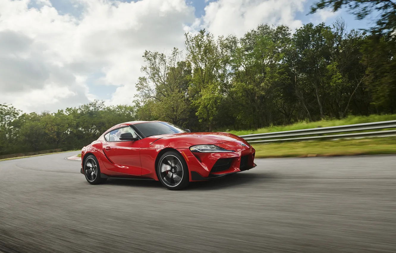 Photo wallpaper speed, road, trees, Toyota, Supra