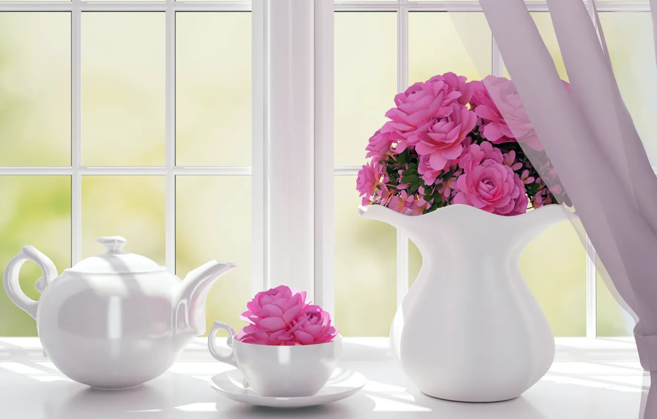 Photo wallpaper flowers, kettle, window, Cup