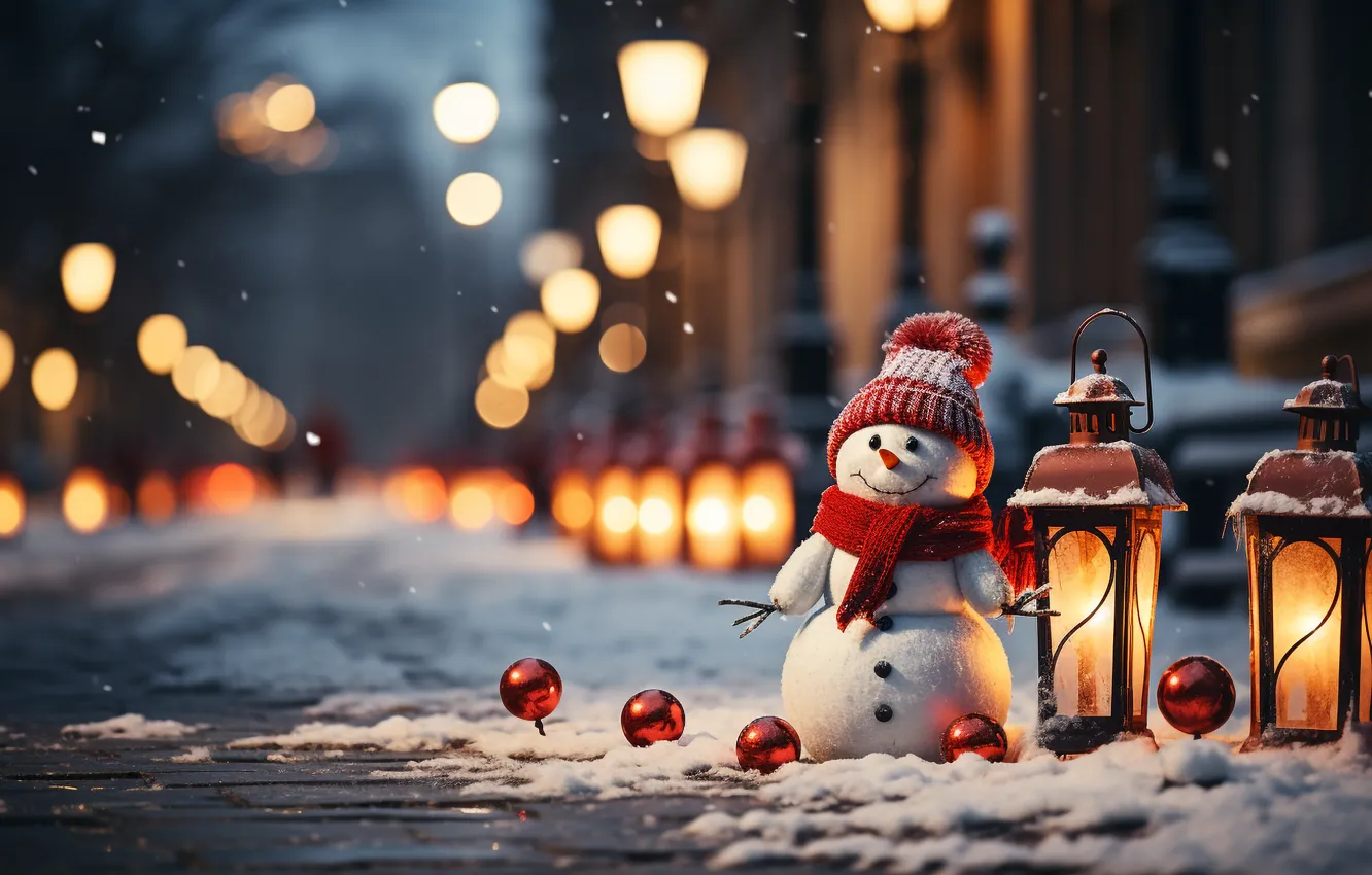 Photo wallpaper winter, snow, street, new year, Christmas, snowman, Christmas, night