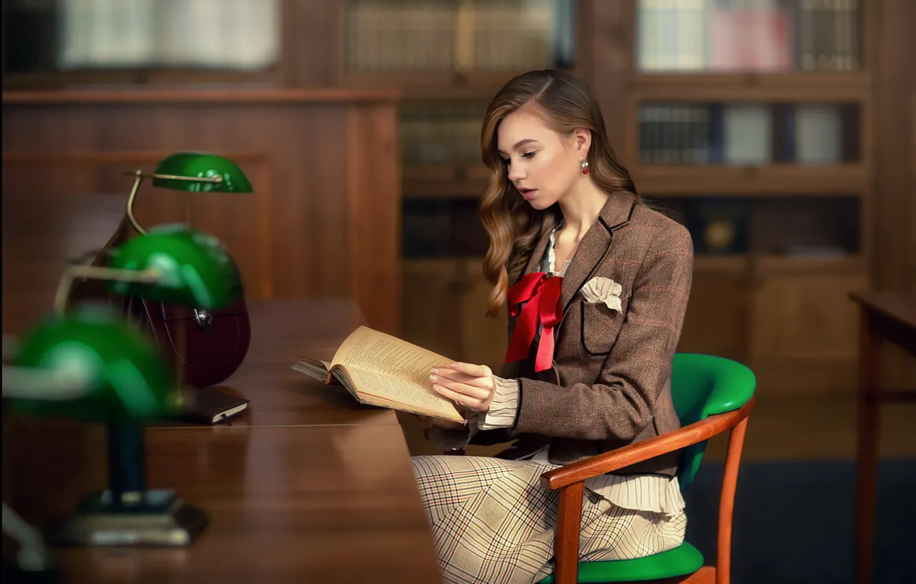 Photo wallpaper girl, table, book, library, Anastasia Barmina, Anastasia Barmina