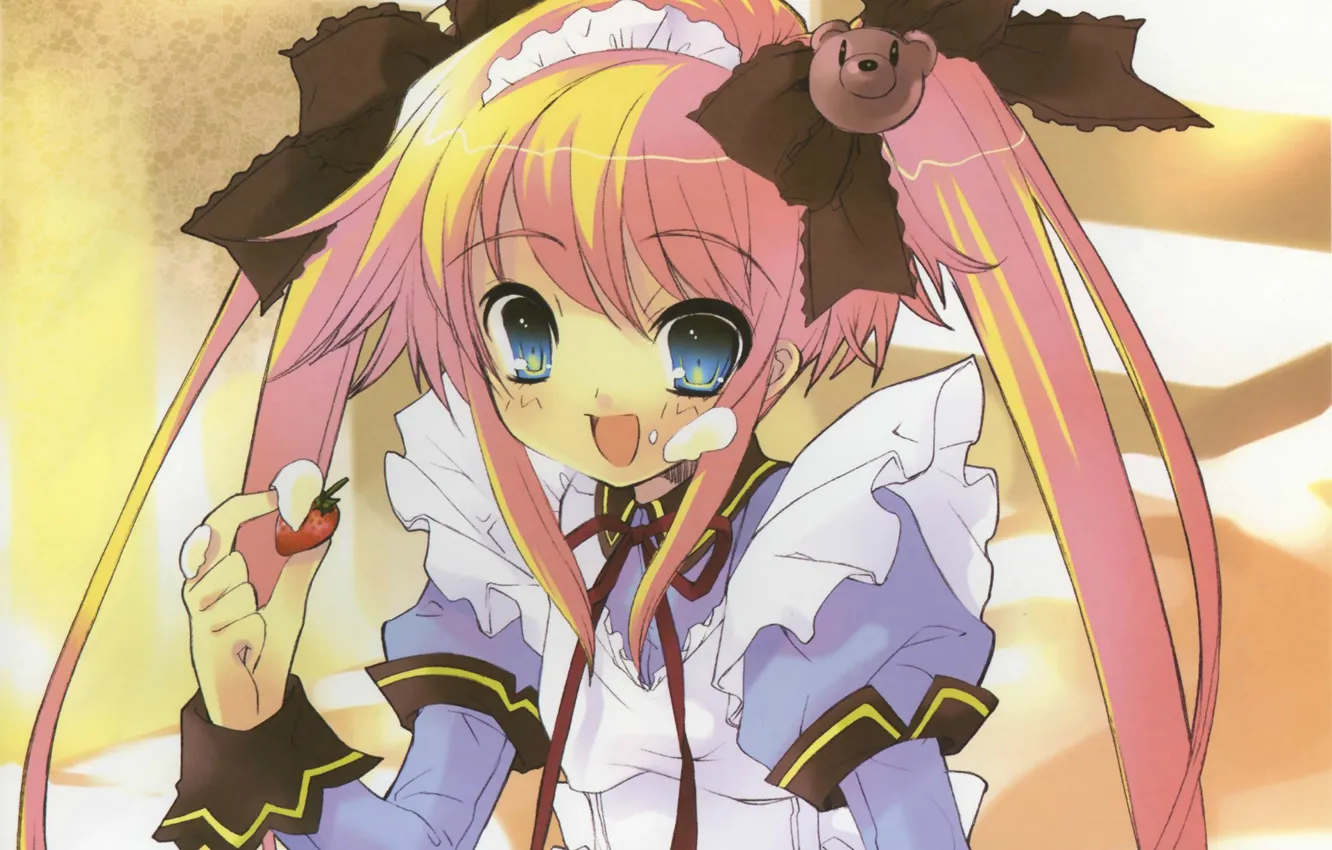 Photo wallpaper joy, strawberry, girl, cream, art, apron, pink hair, noizi ito