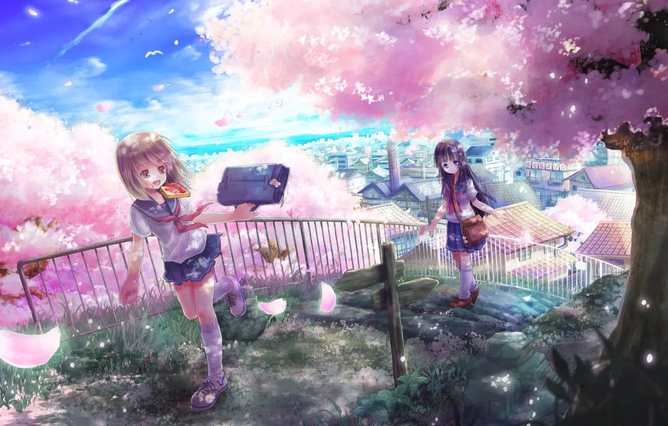 Photo wallpaper the sky, clouds, trees, the city, sign, the fence, home, anime