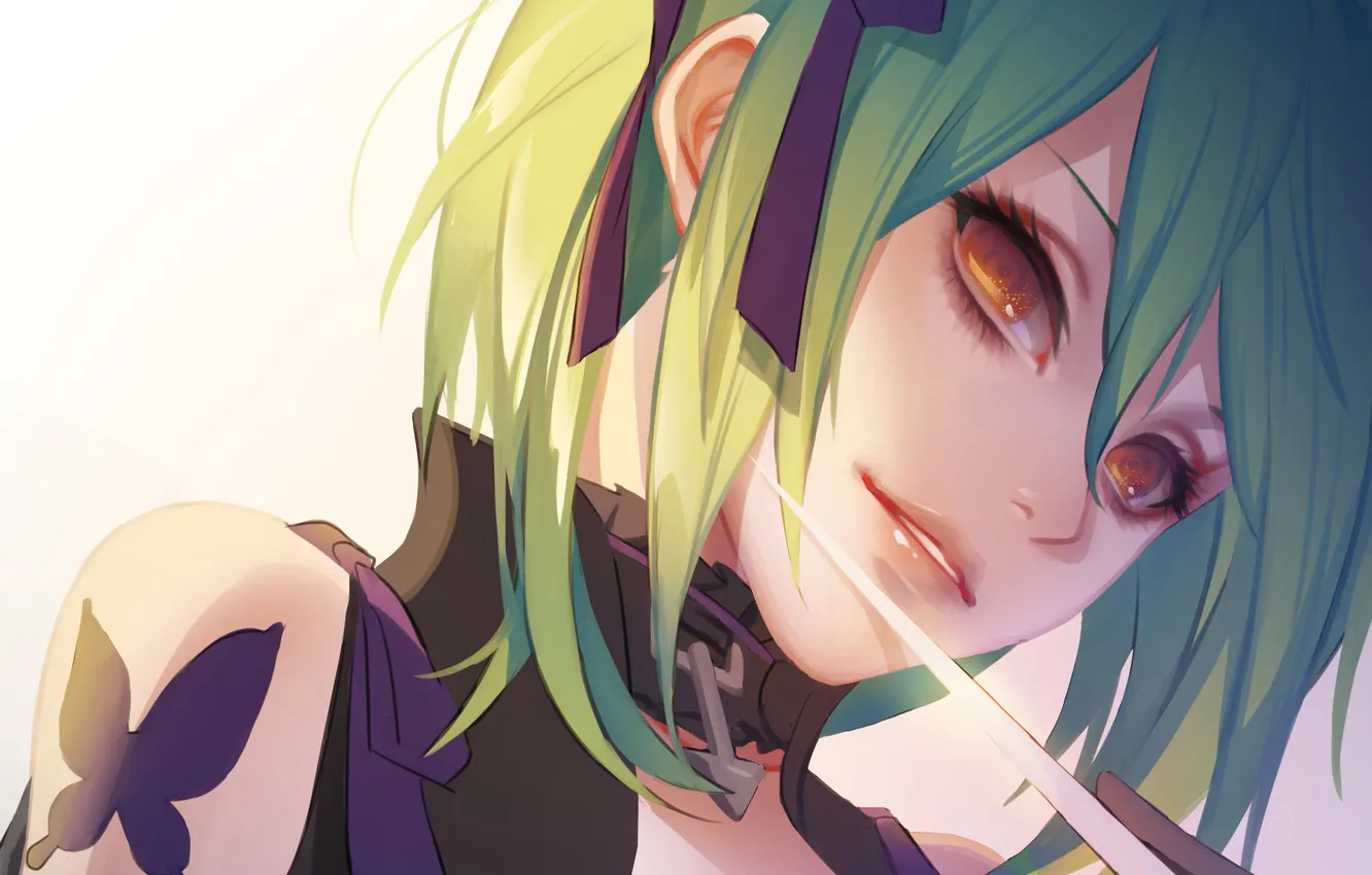 Photo wallpaper look, butterfly, Girl, blade, green hair