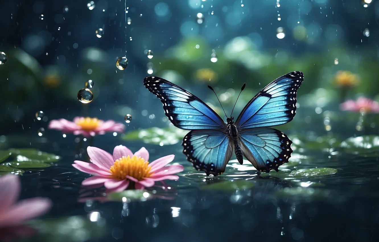 Photo wallpaper rain, butterfly, flowers, drops
