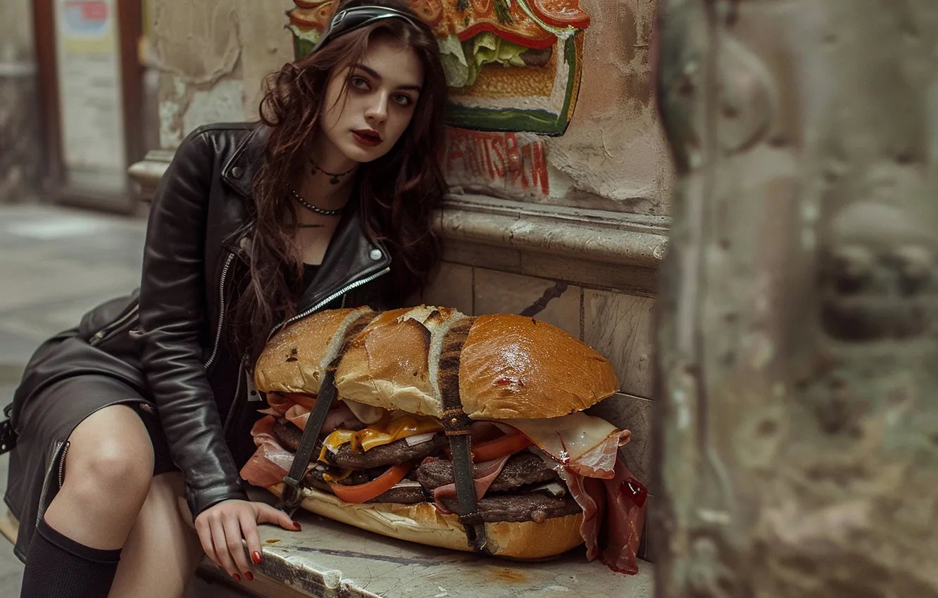 Photo wallpaper girl, food, hamburger