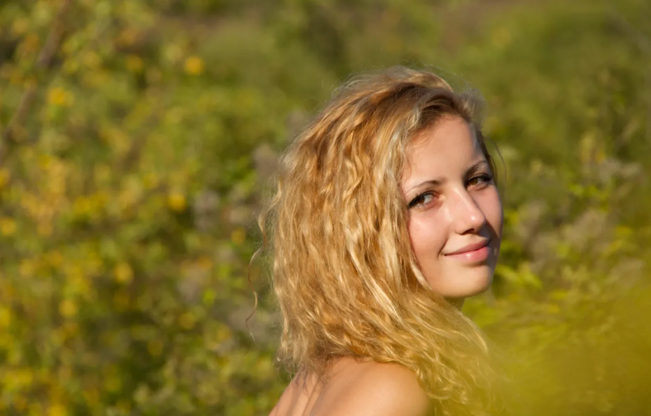Photo wallpaper girl, grass, forest, long hair, trees, nature, smile, beautiful