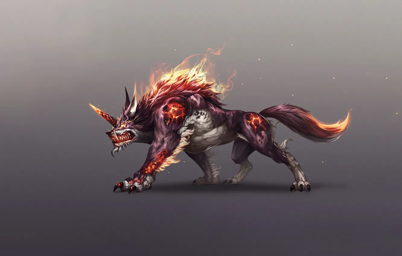 Photo wallpaper fire, flame, fantasy, monster, style, art, wolf, Minimalism