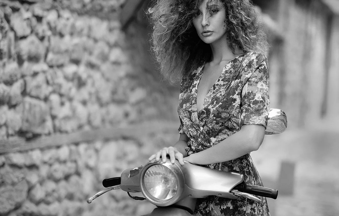 Photo wallpaper look, pose, model, portrait, makeup, dress, hairstyle, black and white