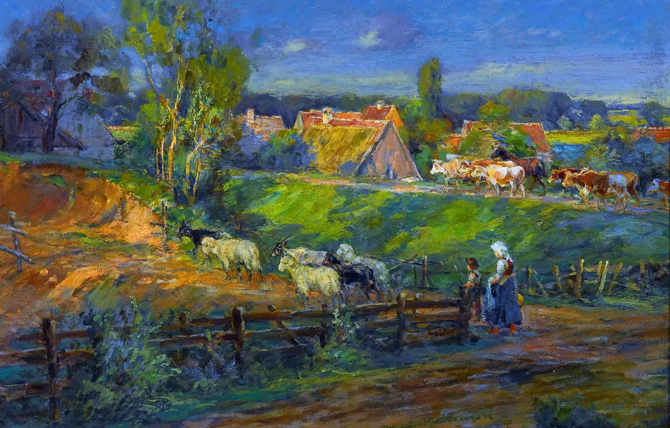 Photo wallpaper Home, Trees, Children, Sheep, Picture, Cows, Carl Stuhlmuller, Karl Chair Müller