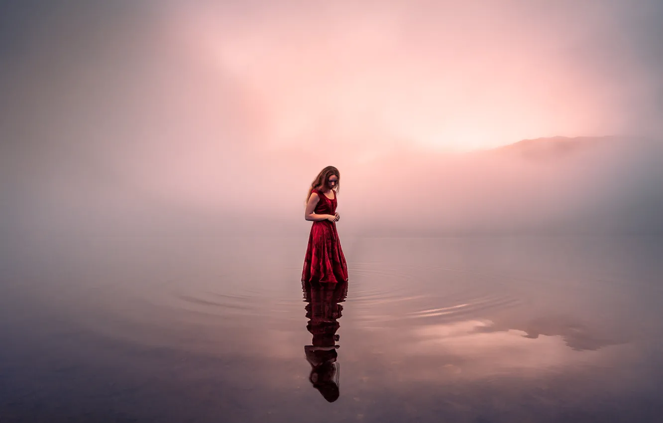 Photo wallpaper water, girl, fog, morning, Lizzy Gadd
