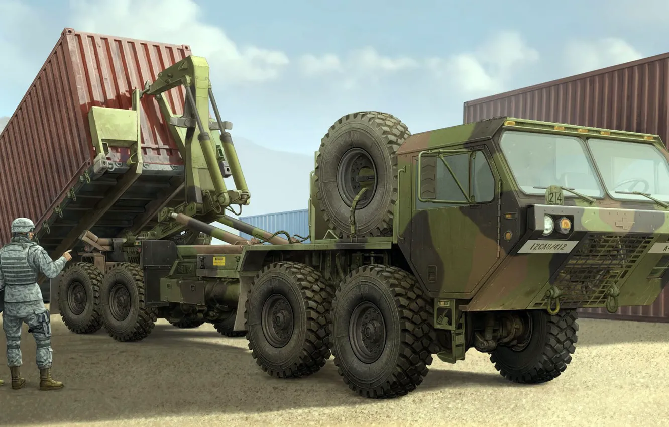 Photo wallpaper container, Heavy Expanded Mobility Tactical Truck, Load Handling System, M1120 HEMTT LHS