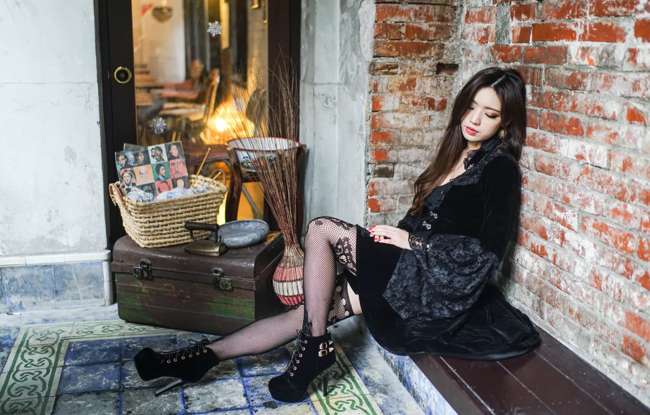 Photo wallpaper pose, wall, model, portrait, brick, stockings, makeup, hairstyle