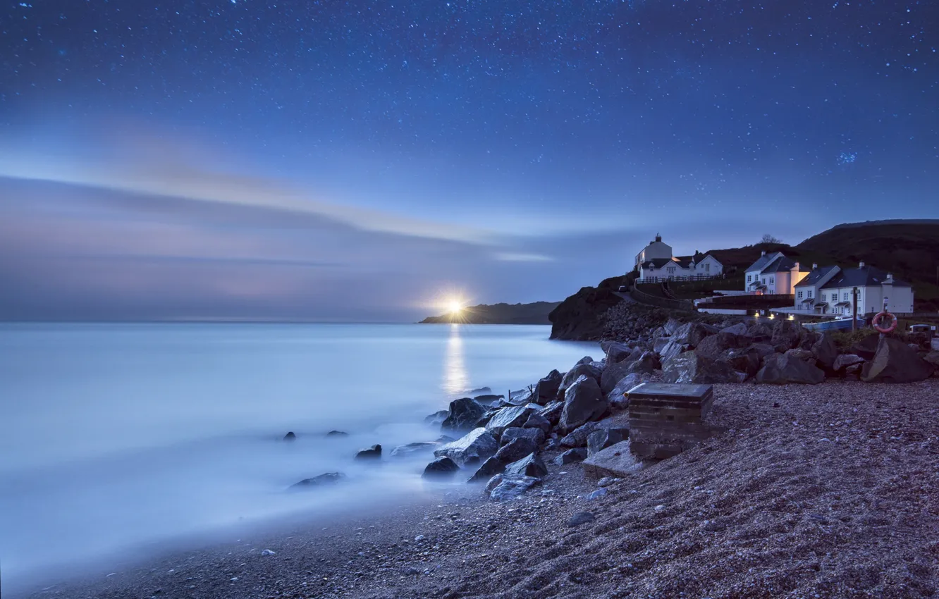 Photo wallpaper sea, beach, stars, night, calm, lighthouse, home