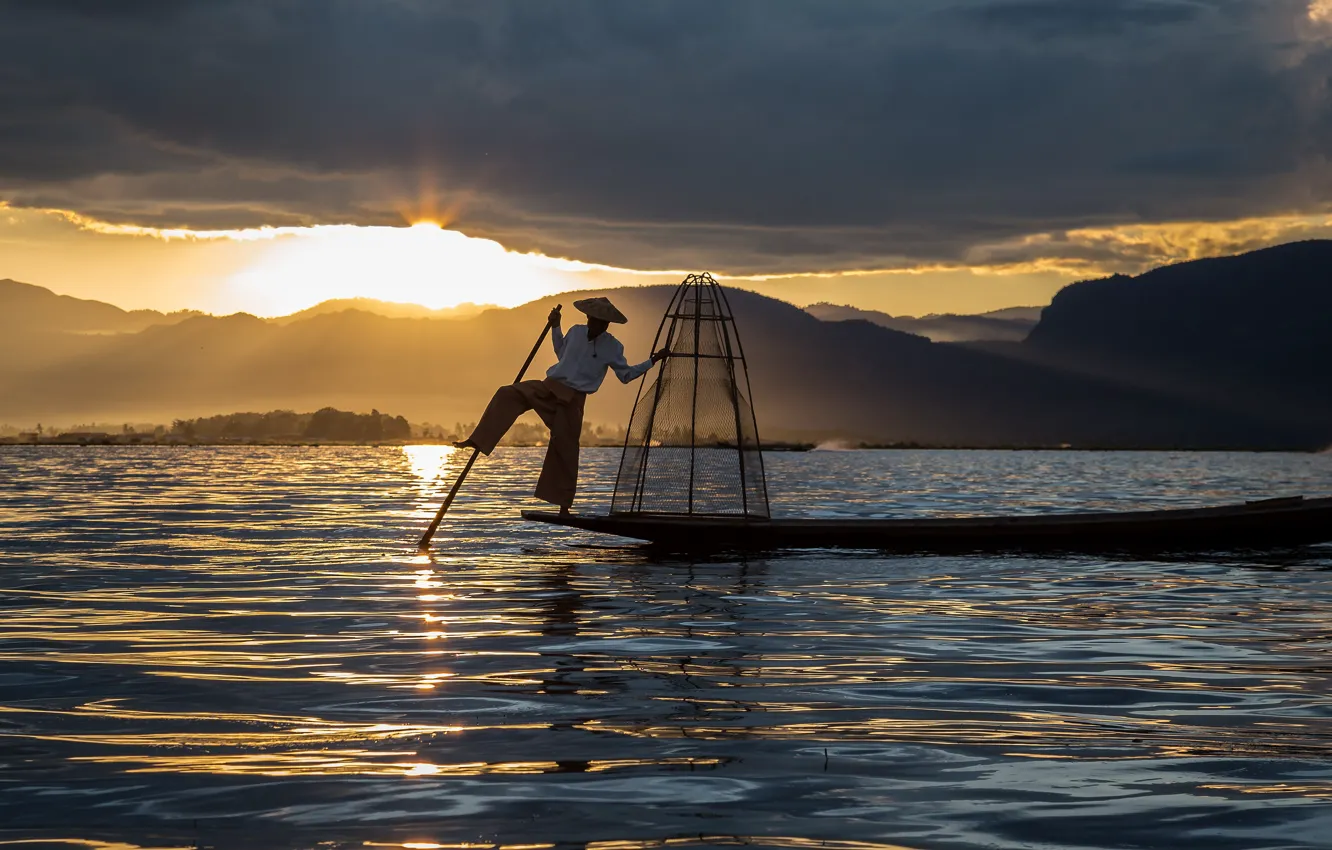 Photo wallpaper the sky, light, sunset, mountains, clouds, pose, glare, river