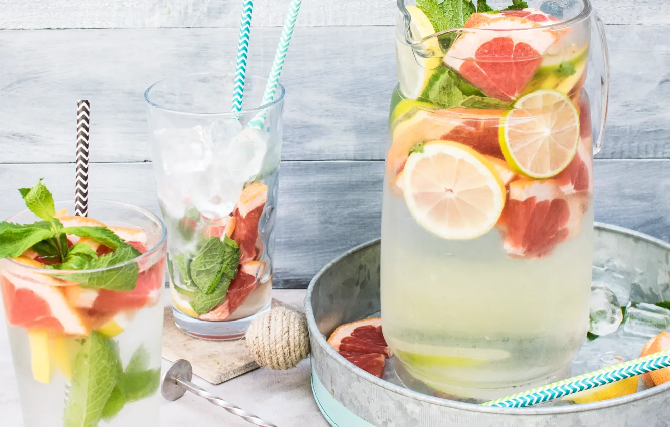 Photo wallpaper glass, lemon, citrus, drink, pitcher, mint, wood, grapefruit