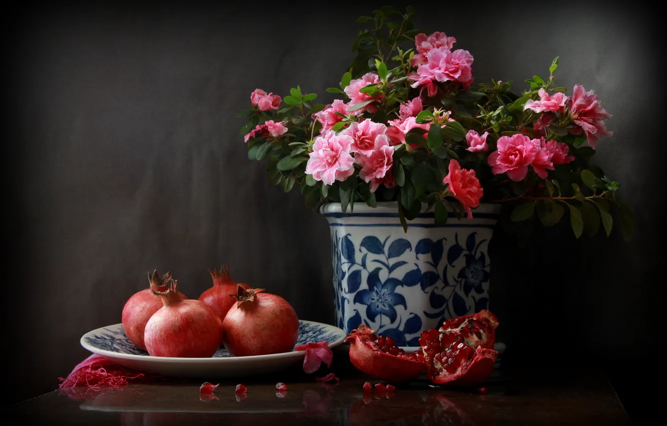 Photo wallpaper flower, fruit, plate, pot, fruit, still life, grenades, grain